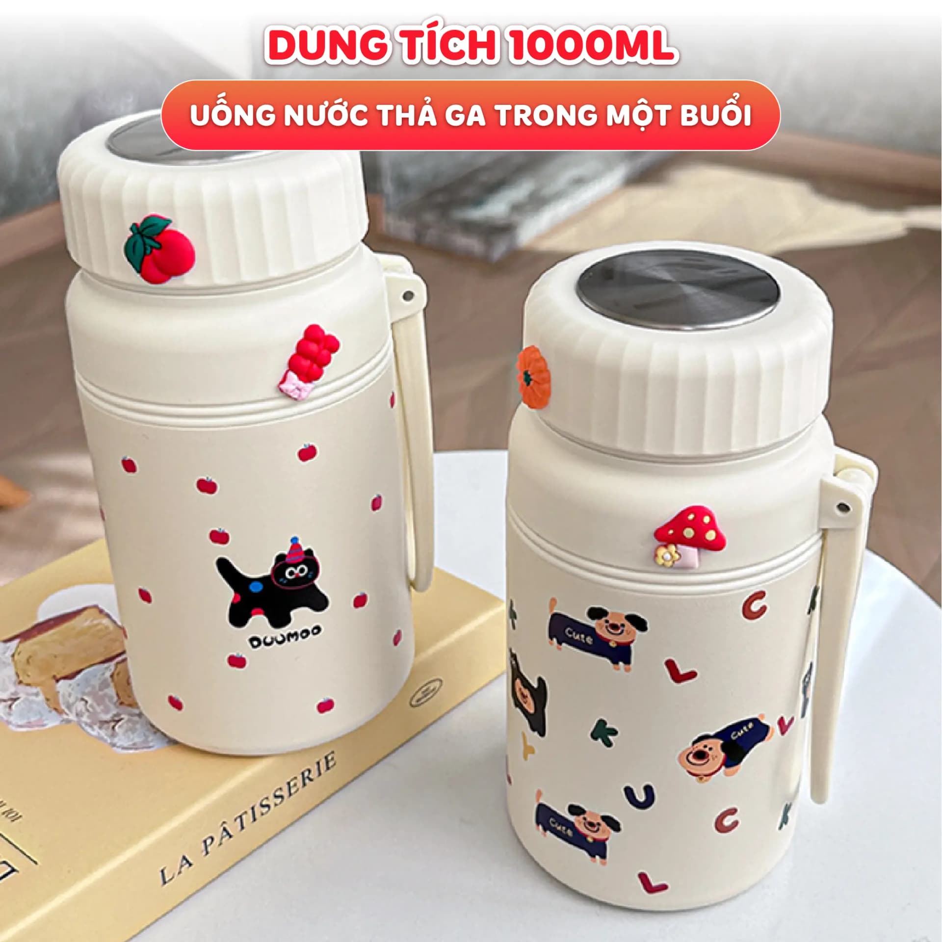 Bình giữ nhiệt Fashion Cup NIUMI hoạ tiết dễ thương 1000ml, inox 316 có lưới lọc trà tiện lợi