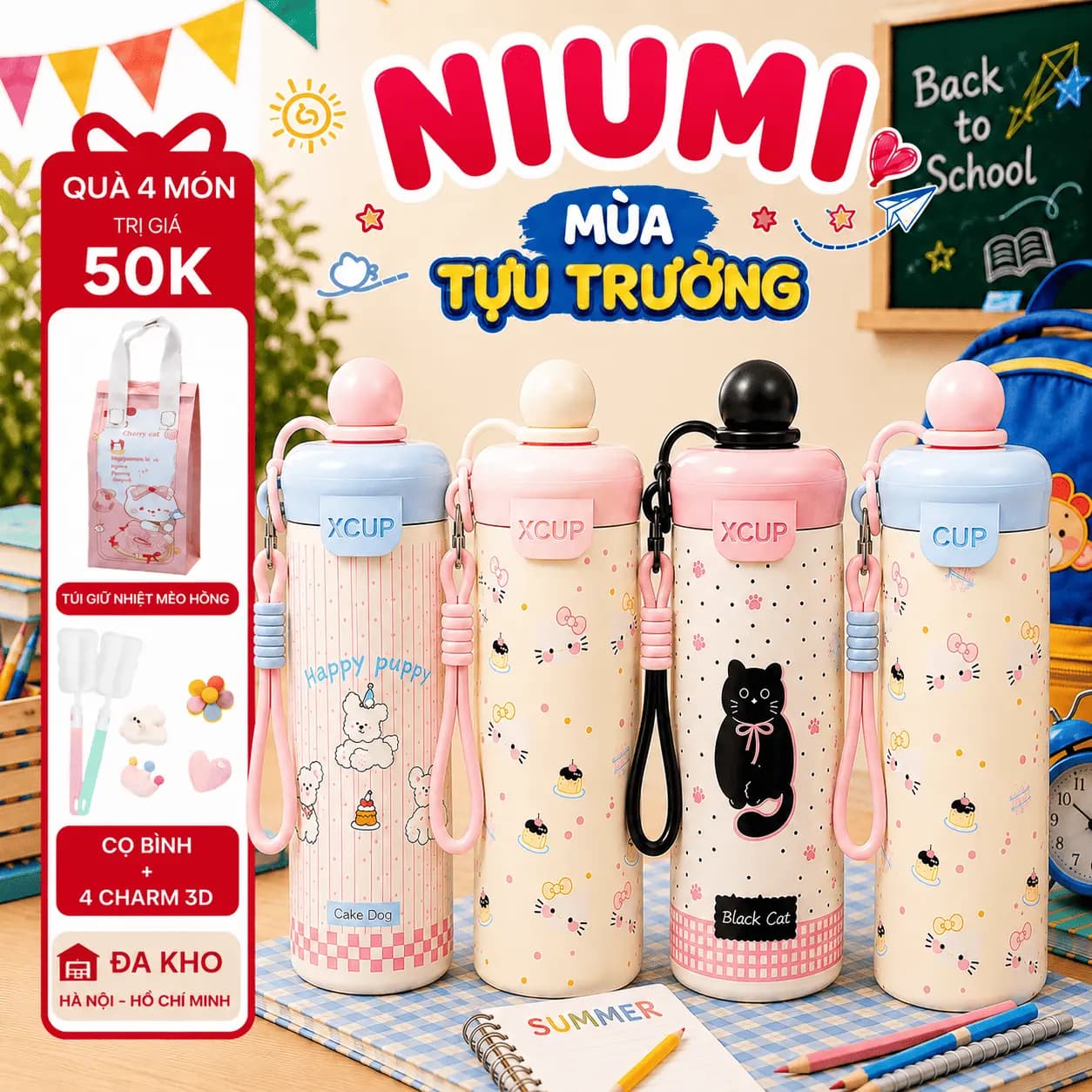 Bình giữ nhiệt XCUP NIUMI ống hút mới, INOX 316, dung tích 600ml, màu gradient dành cho học sinh, sinh viên