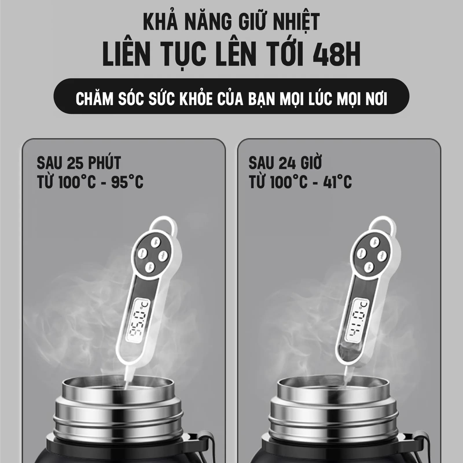 Bình giữ nhiệt NIUMI 48h 316 hiển thị nhiệt độ và nắp có tay cầm, nhiều dung tích