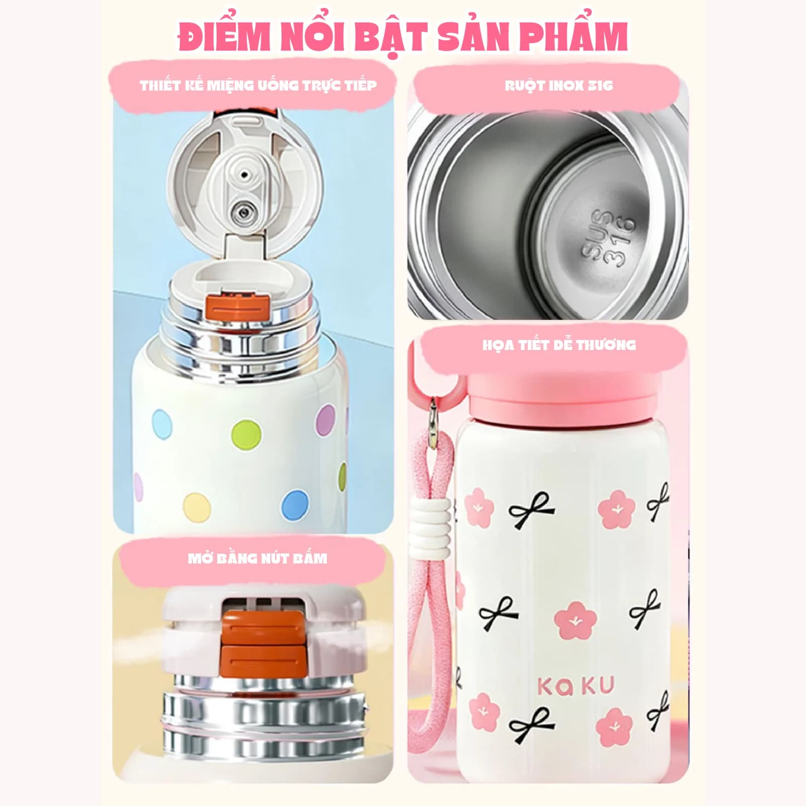 Bình nước KAKU NIUMI 450ml xinh xắn 3 cách uống, giữ nhiệt tốt, nhỏ gọn mang đi mọi nơi