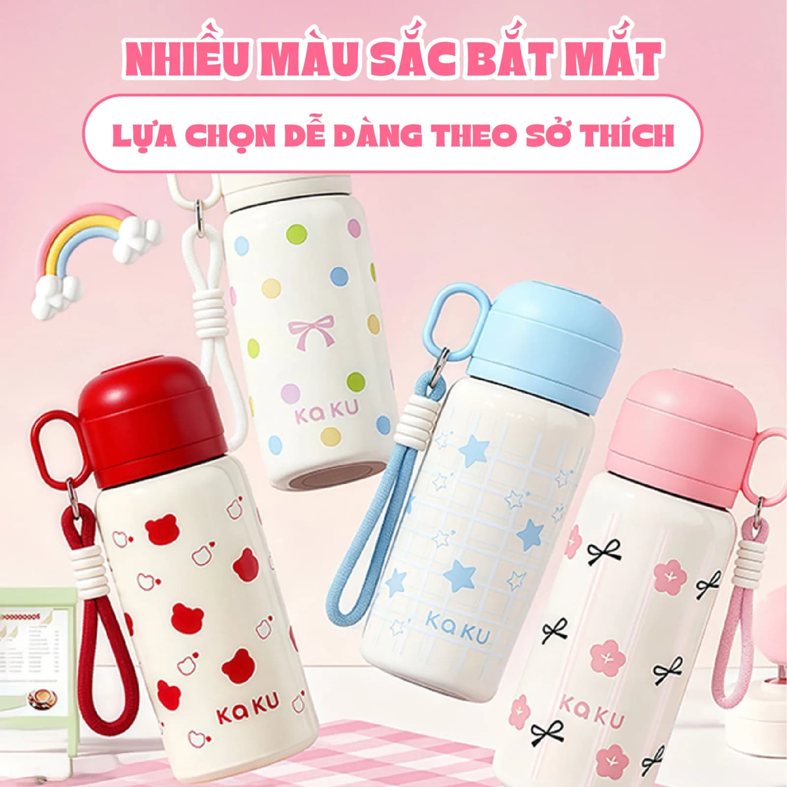 Bình nước KAKU NIUMI 450ml xinh xắn 3 cách uống, giữ nhiệt tốt, nhỏ gọn mang đi mọi nơi
