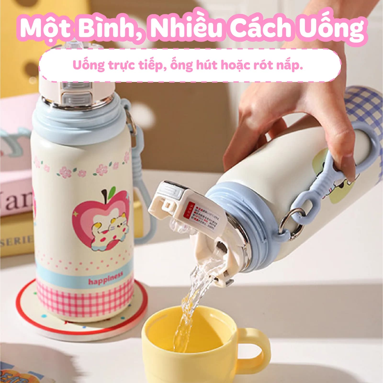 Bình nước KAKU NIUMI 450ml xinh xắn 3 cách uống, giữ nhiệt tốt, nhỏ gọn mang đi mọi nơi