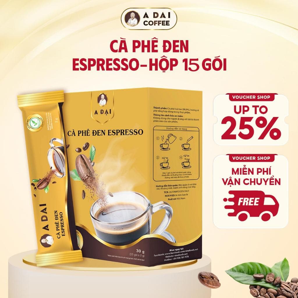 Cà Phê Đen Espresso Hòa Tan A Đại - Hộp 15 gói (30g) - Cà Phê Đậm Đà Cho Ngày Dài Tỉnh Táo