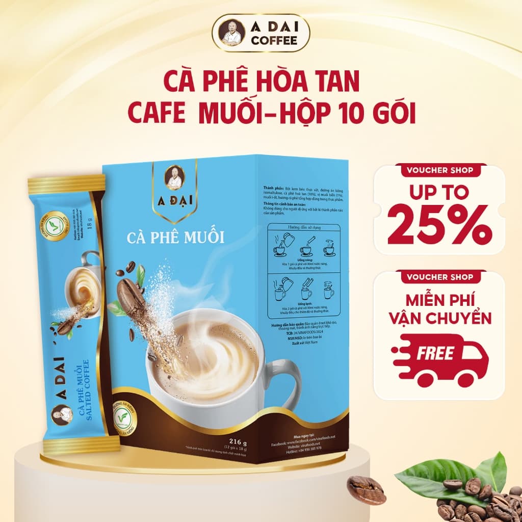 Cà phê Muối A Đại Hộp 10 gói (180g) - Chuẩn Hương Vị Cà Phê Thuần Việt, Dễ Sử Dụng