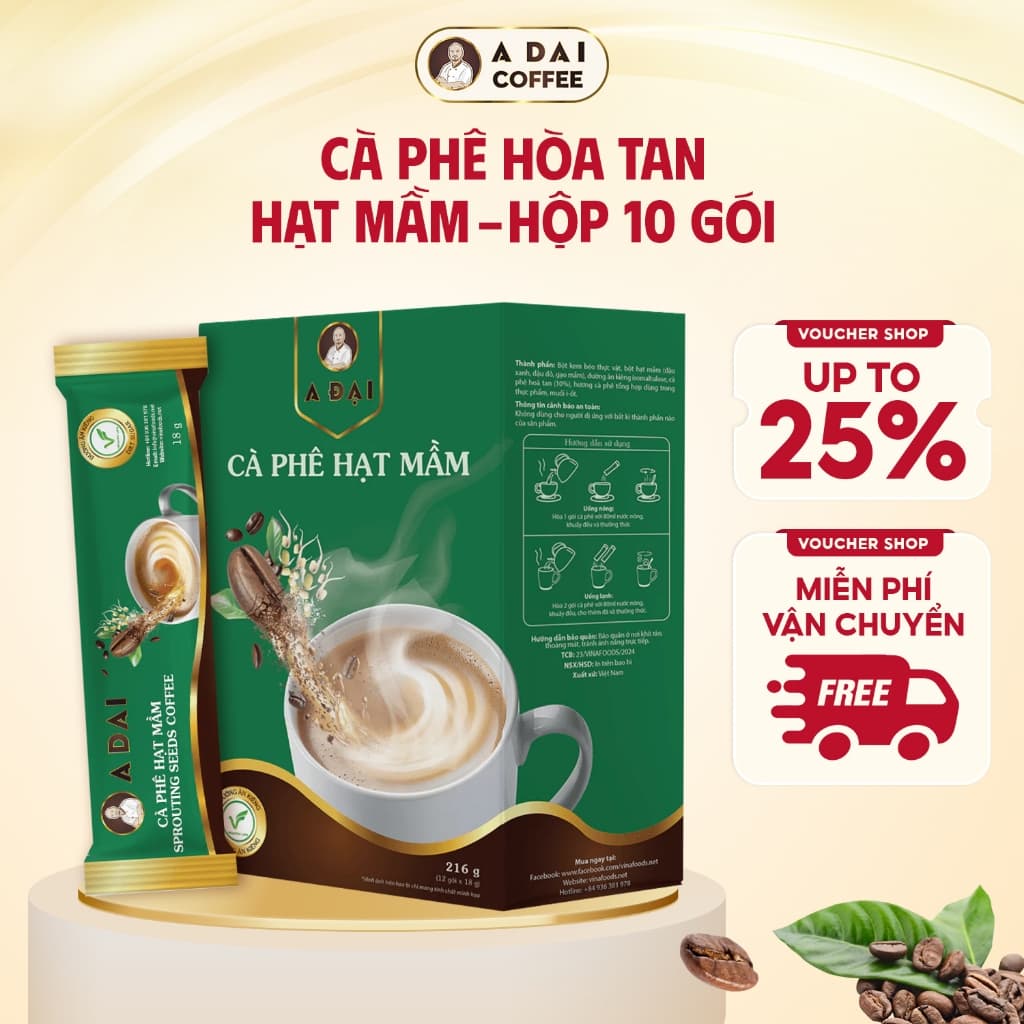 Cà Phê Hòa Tan Hạt Mầm - A Đại Cà Phê Chuẩn Vị Cà Phê Thuần Việt Hộp 10 gói