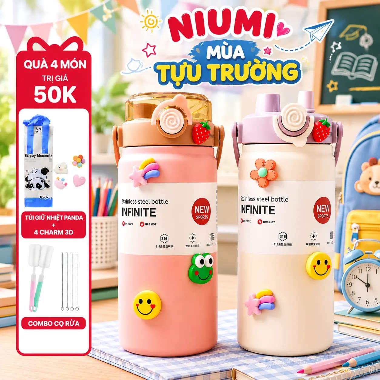 Bình giữ nhiệt Boss NIUMI dung tích 1200ml inox 316 thiết kế đơn giản, màu sắc nhẹ nhàng