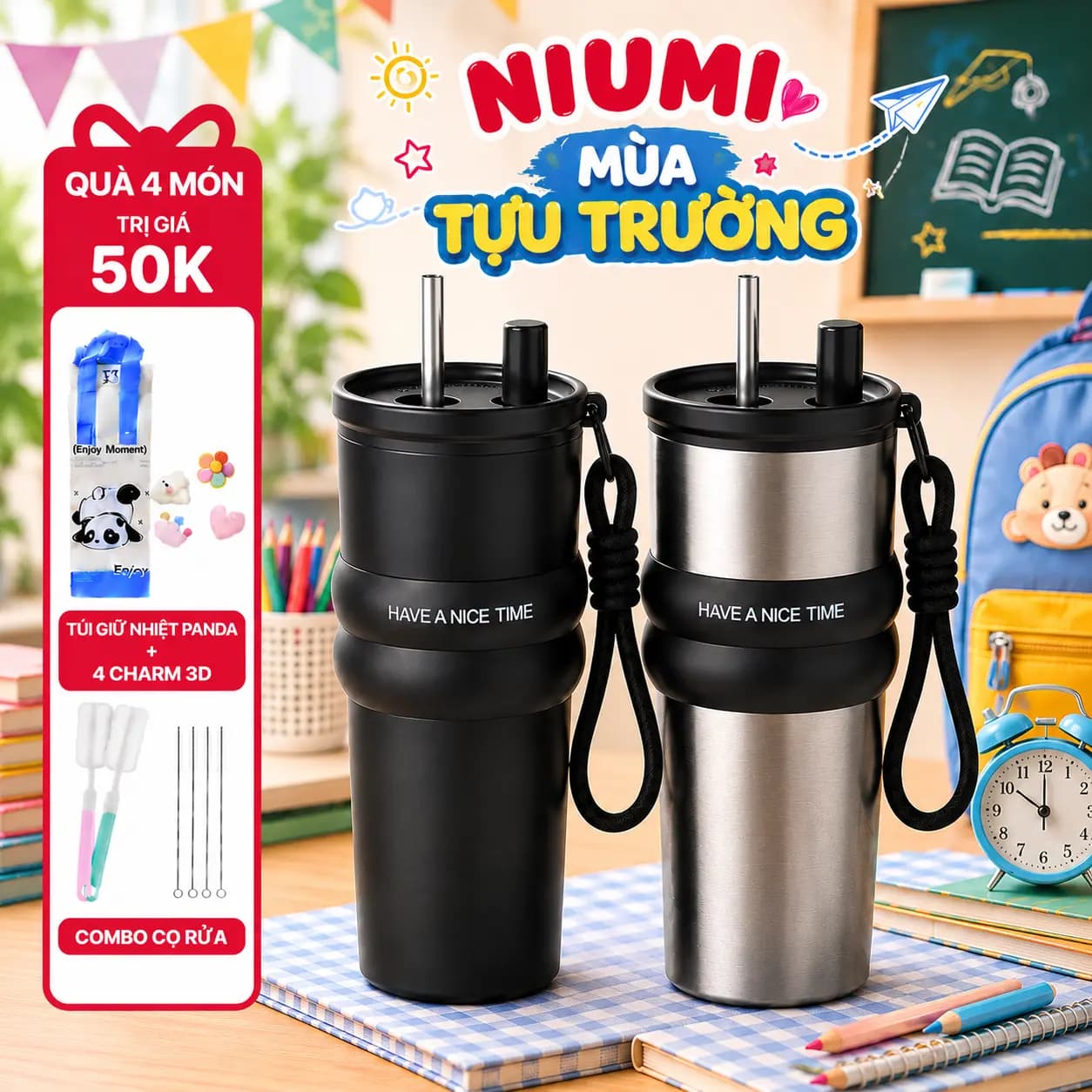 Ly giữ nhiệt Phúc Long NIUMI 710ml đơn giản, màu sắc basic, có ống hút, giữ nhiệt nóng và lạnh