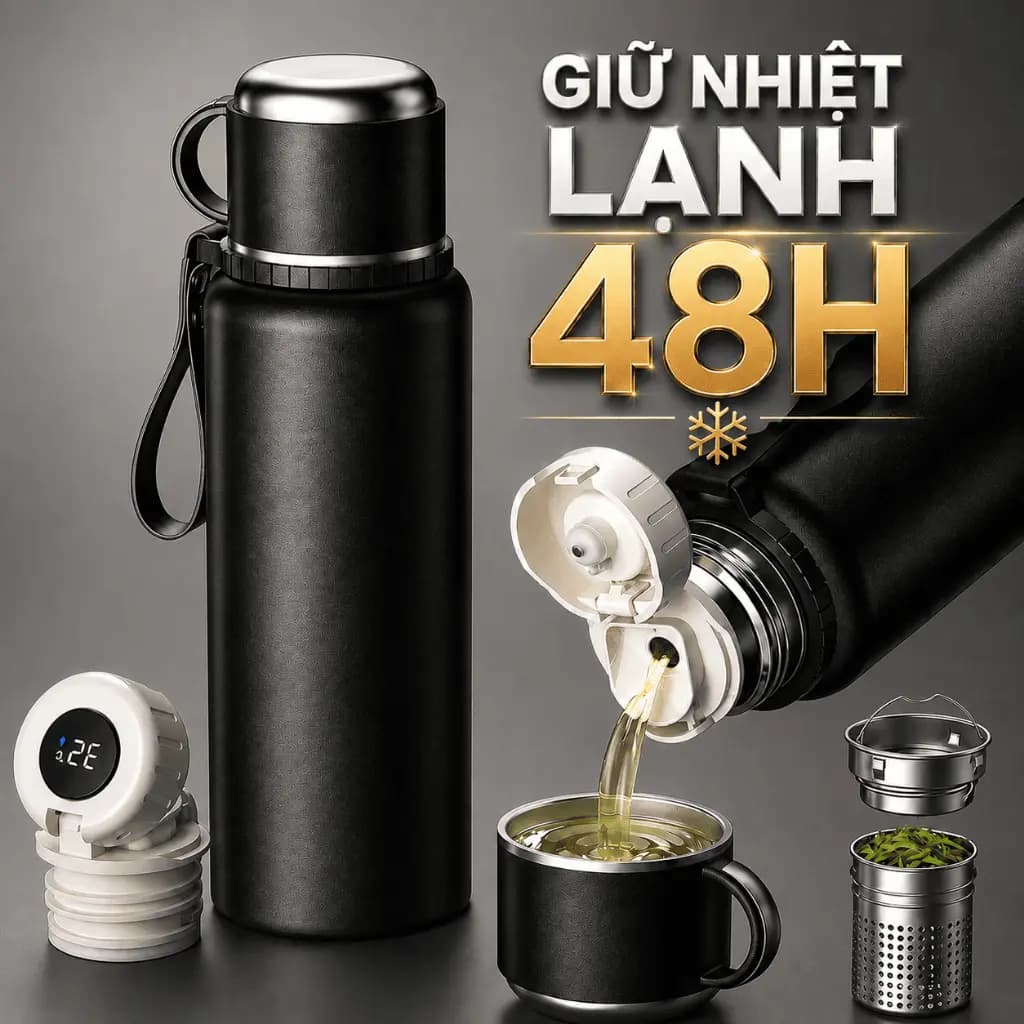 Bình giữ nhiệt NIUMI 48h 316 hiển thị nhiệt độ và nắp có tay cầm, nhiều dung tích